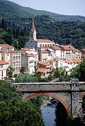 The Mondony river and the parish church of Our Lady of Life, in Amélie-les-Bains-Palalda