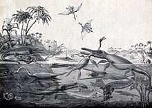 Black and white print of prehistoric animals and plants living in the sea and on the nearby shore; foreground figures include pterosaurs fighting in the air above the sea and an ichthyosaur biting into the long neck of a plesiosaur.