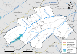 Carte en couleur présentant le réseau hydrographique de la commune