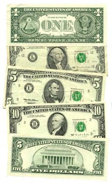 Front and back of several US bank notes including $1, $5 and $10 bills