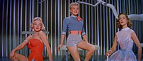 Monroe in How to Marry a Millionaire. She is wearing an orange swimsuit and is seated next to Betty Grable, who is wearing shorts and a shirt, and Lauren Bacall, who is wearing a blue dress