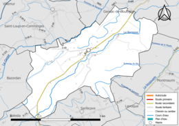 Carte en couleur présentant le réseau hydrographique de la commune