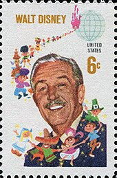 A portrait of Disney with cartoon representations of different nationalities on a 6 cent US stamp