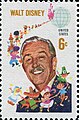 A portrait of Disney with cartoon representations of different nationalities on a 6 cent US stamp