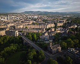 An aerial view of the Dean Bridge and Dean Village