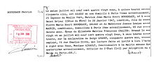 Lettre disant : « Bourdeaux Patrick. Le seize juillet mil neuf cent quatre vingt deux, à quinze heures cinquante cinq, est décédé en son domicile à Paris 14e arrondissement, 25 Impasse du Moulin Vert, Patrick Jean Marie Henri Bourdeaux, né à Saint Brieuc (Côtes du Nord) le 26 janvier 1947, comédien, fils de Pierre Marie Henri Bourdeaux, décédé et de Madeleine Jeanne Louise Maurin, comédienne, domiciliée à Paris 2e arrondissement, 65 rue Sainte Anne. Époux de Elisabeth Malvina Françoise Chalier. […] »