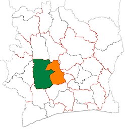 Location of Haut-Sassandra Region (green) in Ivory Coast and in Sassandra-Marahoué District