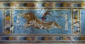 The fresco named the Bull-Leaping Fresco; 1675-1460 BC; lime plaster; height: 0.8 m, width: 1 m; from the palace at Knossos (Crete); Heraklion Archaeological Museum