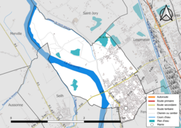 Carte en couleur présentant le réseau hydrographique de la commune