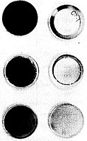 Post-flight appearance of Os, Ag, and Au mirrors from the front (left images) and rear panels of the Space Shuttle. Blackening reveals oxidation due to irradiation by oxygen atoms.[75][76]