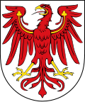 Argent, an eagle displayed gules armed and wings charged with trefoils Or. Arms of Brandenburg.