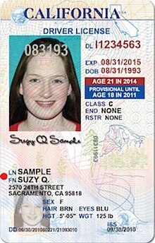 A 2010 sample of a California driver's license, showing a fictitious young woman named "Suzy Q. Sample"