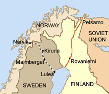 A drawing shows that the Allies had two possible roads into Finland: through Soviet-occupied Petsamo or through Narvik in neutral Norway.