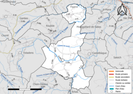 Carte en couleur présentant le réseau hydrographique de la commune