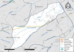 Carte en couleur présentant le réseau hydrographique de la commune