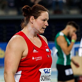 Christina Schwanitz tijdens haar laatste wedstrijd, de Duitse indoorkampioenschappen 2022.