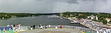 A passenger car ferry arrives at the coast of Mariehamn, Åland.