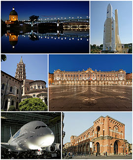 Üstte Pont Saint-Pierre de Toulouse Orta solda Capitole de Toulouse; orta sağda Pont-Neuf de Toulouse Alt solda Place du Capitole; alt ortada Cité de l'espace; alt sağda Minimes.