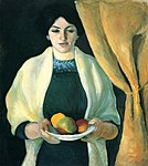 August Macke: Porträtt av Elisabeth Macke med äpplen (1909)