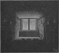 Woodcut? of a deep, shadowy room with light only near the window at the far end