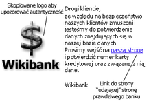 Grafika przedstawiająca wiadomość Phishingową. Po lewej przykładowe logo Wikibanku, z notatką 