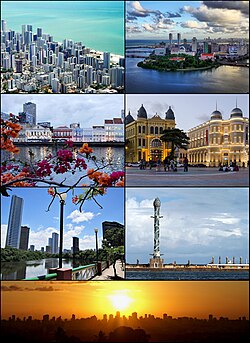 Dari kiri atas: Kota tua Recife; Recife dan jembatan-jembatannya; Pemandangan Pantai Boa Viagem; Pantai Boa Viagem; The Crystal Tower; Capibaribe River; Pemukiman di Boa Viagem; Agamenon Magalhães Avenue; Recife Sunset.