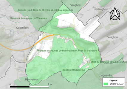 Carte des ZNIEFF de type 1 sur la commune.