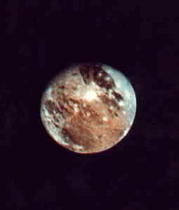 Voyager 2's image of Ganymede taken from a distance of 6,000,000 km (3,800,000 miles) on July 2 1979 during its flyby of Jupiter.[135]