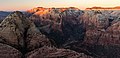 Sunrise from Deertrap Mountain. Court of the Patriarchs centered down below. Mountain of the Sun foreground left, November 2016