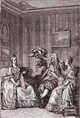 MASCARILLE : Que vous semble de ma petite oie ? La trouvez-vous congruente à l'habit ?CATHOS : Tout à fait.Scène IX. Gravure de Moreau le Jeune.