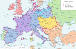 Map of Europe. French Empire shown as bigger than present day France as it included parts of present-day Netherlands and Italy.