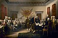 Image 6 Trumbull's Declaration of Independence Painting credit: John Trumbull John Trumbull's Declaration of Independence, a 12 by 18 feet (3.7 by 5.5 m) oil painting depicting the presentation of a draft of the United States Declaration of Independence to the Second Continental Congress. While this event did take place, it was not actually in the presence of all the people in the picture. The painting can be found in the rotunda of the United States Capitol. More featured pictures