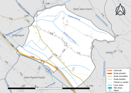 Carte en couleur présentant le réseau hydrographique de la commune