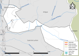 Carte en couleur présentant le réseau hydrographique de la commune