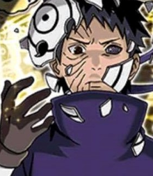 A black-haired, pale-skinned, and blue-eyed character in Naruto wearing purple clothing, a shattered mask, and brown gloves