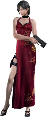 A woman who is wearing a red dress, a chocker, and high heels with a gun.