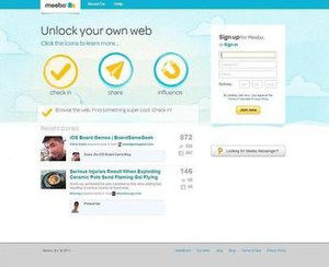 Page showing sign-in widget, recent news items and links to description pages about Meebo's features