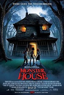 Film poster showing three children standing behind and looking at the haunted house. The tagline 