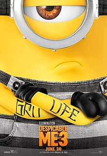 A minion with one eye wearing black-and-white striped denim overalls, with a tattoo that reads 