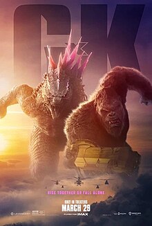 A giant lizard with pink spikes runs shoulder-to-shoulder with a giant ape. In the clouds below are several attack helicopters.