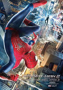 Spider-Man upside down on the side of the OsCorp tower with the film's title, credits and release date below.