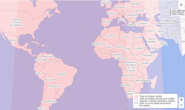 Los lugares donde el eclipse será visible están representados por una sombra rojiza. Foto: Time and Date   