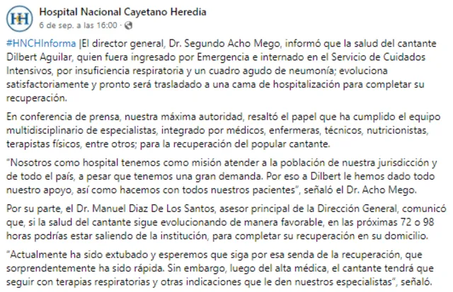  El Hospital Cayetano Heredia informó sobre el proceso de recuperación del cantante. Foto: Facebook    