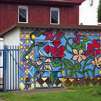 Shed with flower graffiti