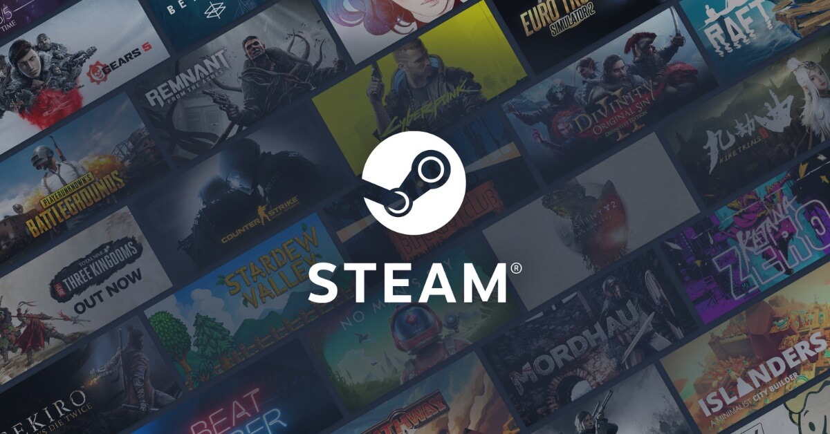 Logo Steam na tle tysięcy gier w kartach podarunkowych steam