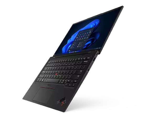 Floating Lenovo ThinkPad X1 Carbon Gen 11 laptop open 180 degrees, angled to show right-side ports, keyboard, & display.