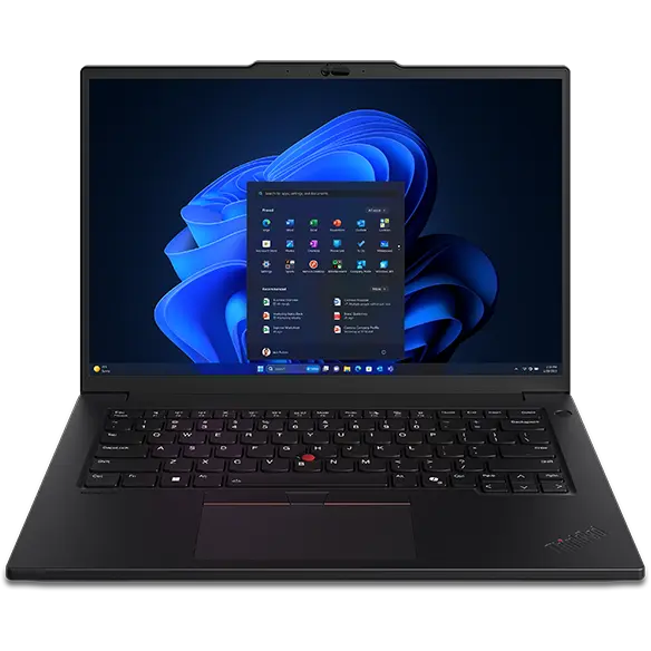 Close-up, front view of Lenovo ThinkPad P14s Gen 5 (14 inch Intel) black laptop with lid opened at a wide angle, focusing its keyboard & display with Windows 11 Pro menu opened on the screen.