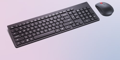 A Lenovo Essential Wireless Combo Keyboard & Mice gen2 Black is featured on a background