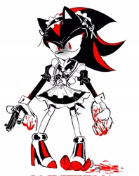 Size: 1623x2048 | Tagged: semi-grimdark, artist:tamjeong_sonic, shadow the hedgehog, alternate outfit, blood, crossdressing, dress, full body, gun, high heels, holding something, maid outfit, shadowed face, solo, standing