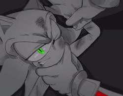 Size: 2048x1590 | Tagged: safe, artist:tamjeong_sonic, shadow the hedgehog, sonic the hedgehog, duo, gay, greyscale, grin, hand on another's neck, monochrome, one eye closed, pinning them, shadow x sonic, shipping, smile, spot color